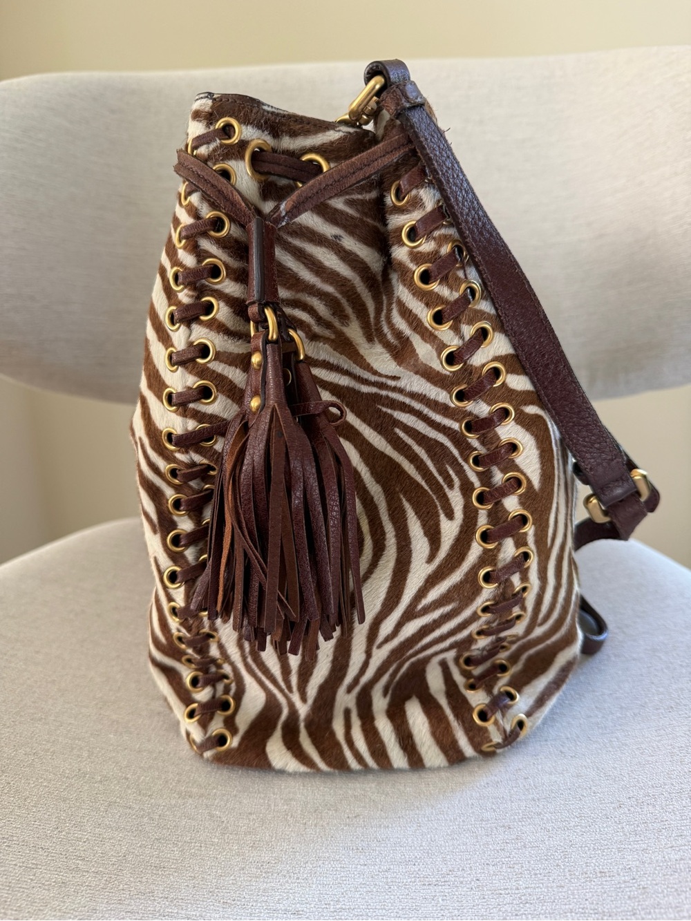 Prada Zebra Pony Hair Calf Hair Leather Tote Shoulder Bag Brown Gold Tassel - Picture 4 of 14